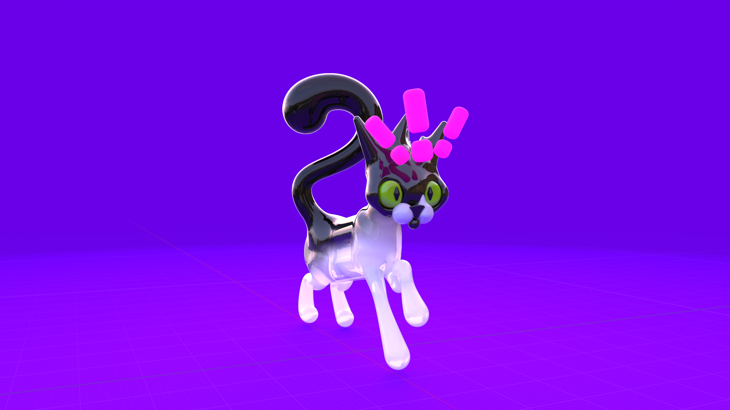 a digital 3D sculpture of a tuxedo cat called Axel, who has big green eyes and a big tail on a purple background.