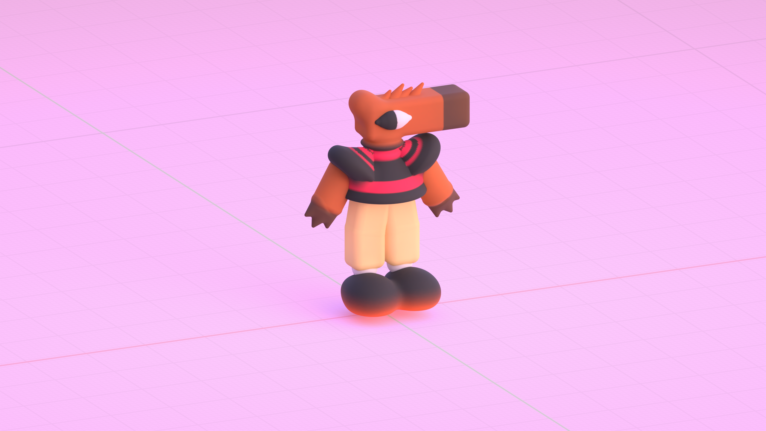 a digital 3D sculpture of a video game protagonist, who is a capybara called Pym, wears a red striped t-shirt, baggy corduroy trousers, and hiking shoes, on a pastel pink background.