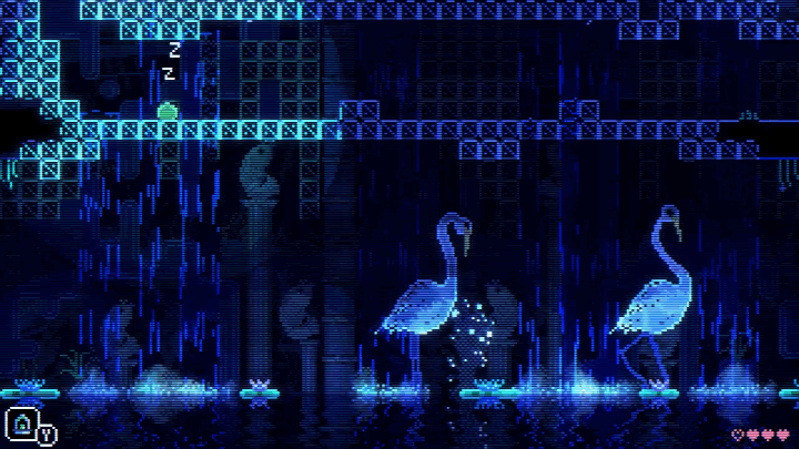 recorded gameplay footage of an indie game called Animal Well, which has a mysterious atmosphere to it. two mysterious, gigantic wading birds roam beneath the player, pecking at the water. the video footage loops roughly every thirty seconds.