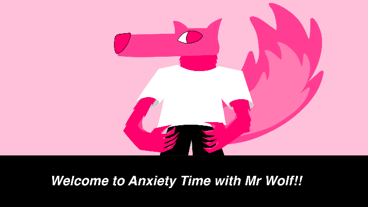 a 2D animation of a bright pink werewolf TV presenter claiming to cure the viewer's anxiety, after potentially giving the viewer anxiety in the first place.