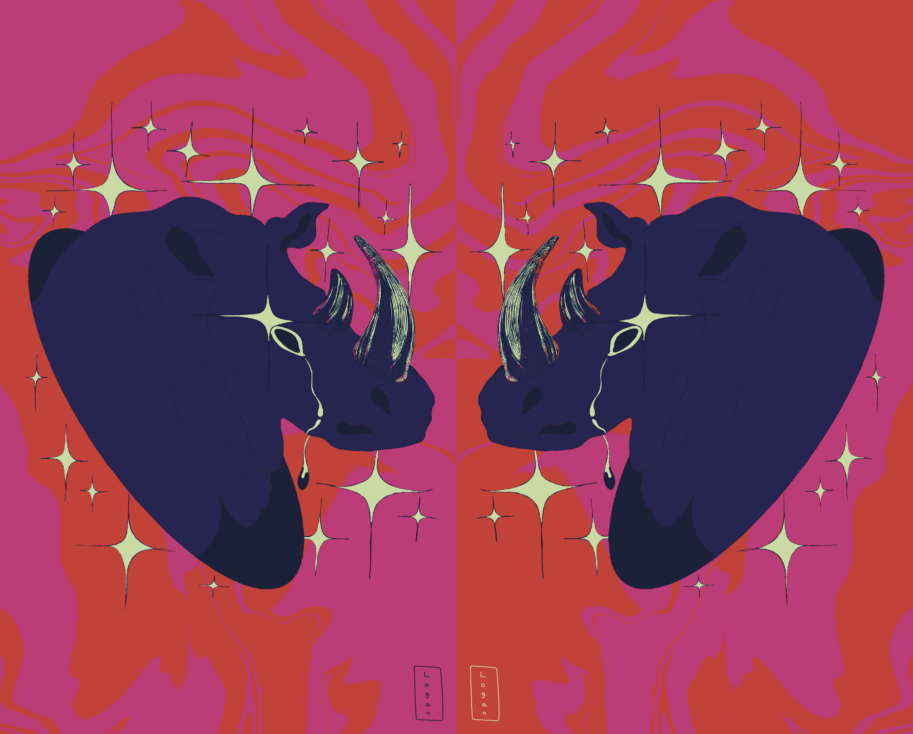 an illustration of two endangered rhinos with a red and bright pink background with a marbled design.