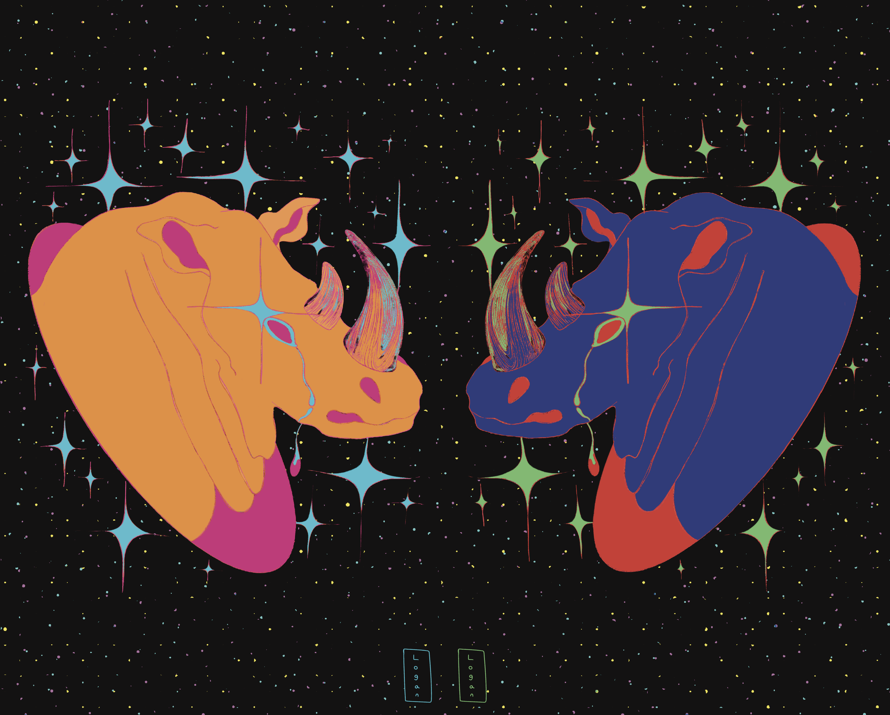 an illustration of two endangered rhinos with a black background dotted with different coloured stars.