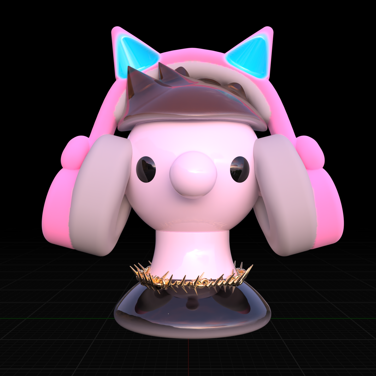 a 3D digital sculpture of a person called Logan, with brown short hair, a black T shirt, a spiky necklace, and pink cat ear style headphones.