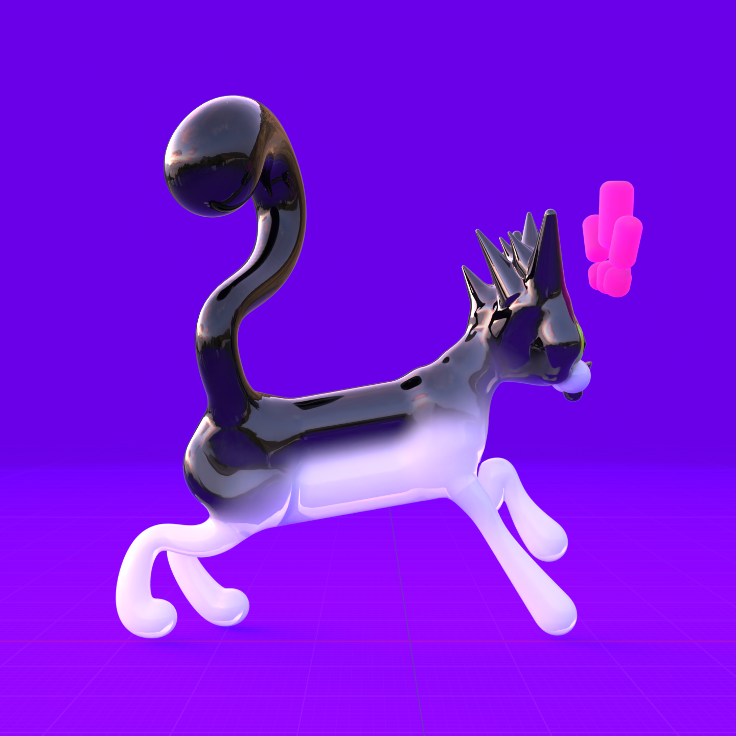 a 3D digital sculpture that looks like it's made out of glass, of Logan's tuxedo cat called Axel, as seen from the side.