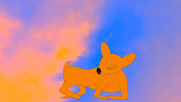 a 2d animation of a deer turning into two deer as they run from a fire, faces complete with multiplying cartoon eyes.