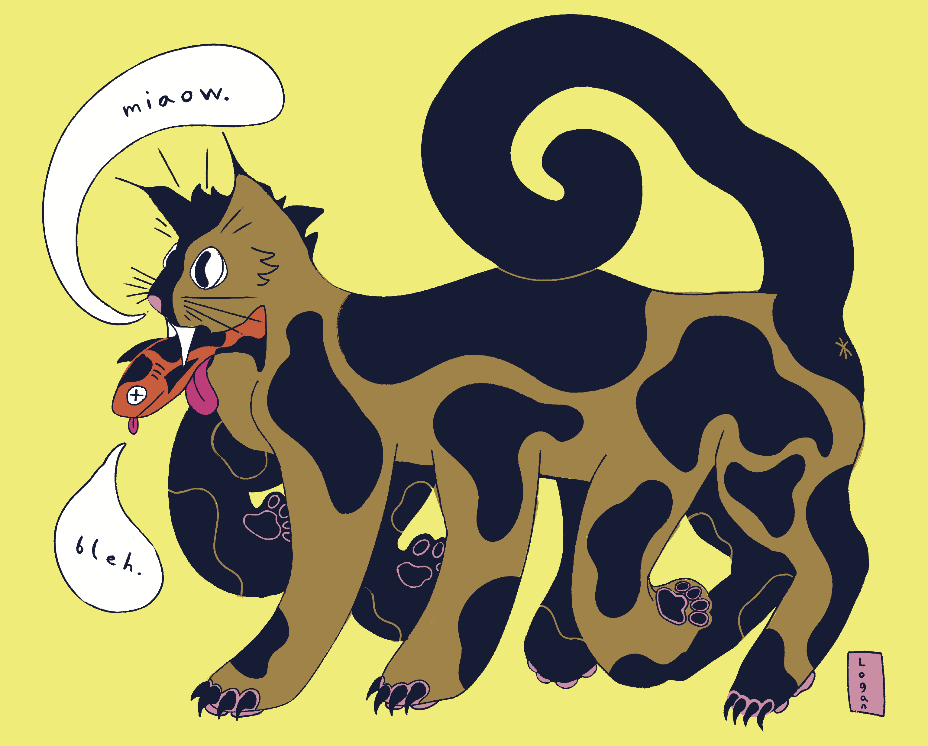 a digital illustration of a wild fishing cat with a fish in their mouth.
