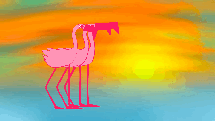 a 2D animation of three pink flamingos during a sunset on an empty beach, running after eachother.