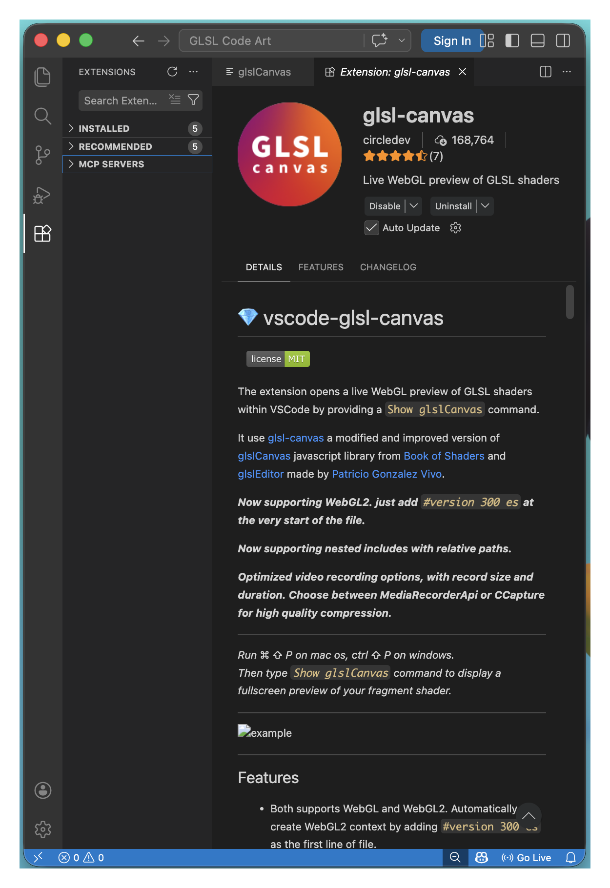 a computer screenshot of a Cisual Studio Code extension, used in this tutorial to see GLSL code in real-time.