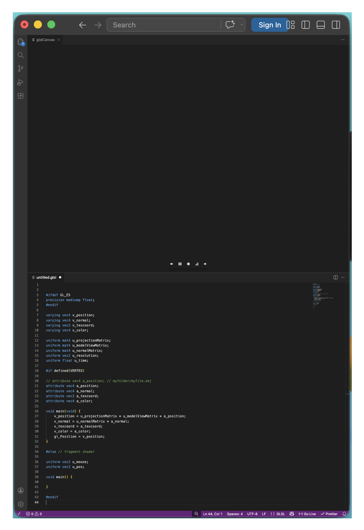 a screenshot of the Visual Studio Code code editor with code written, but the glslCanvas screen empty, due to not having any gl_FragColor code yet.