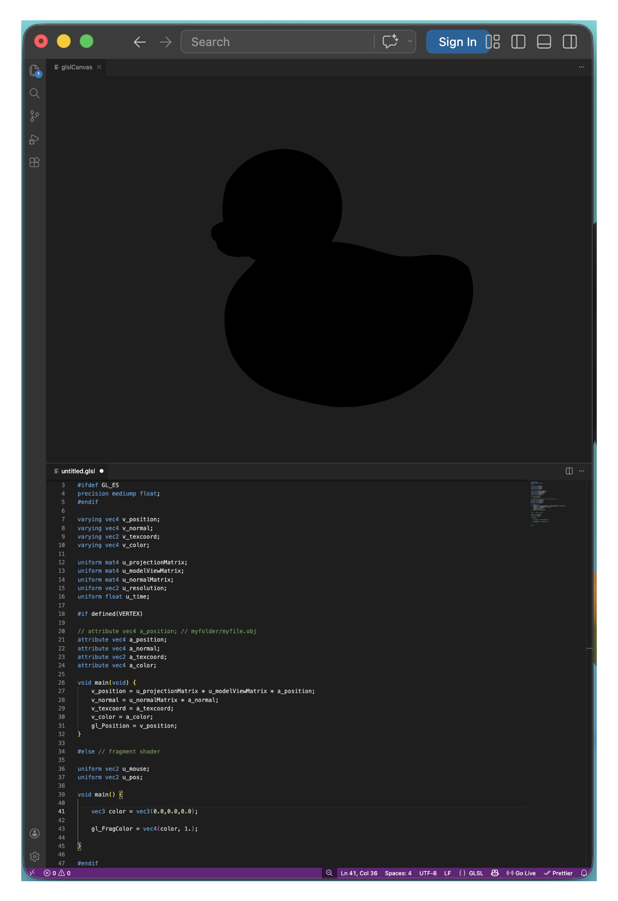a screenshot of Visual Studio Code, with the rotating rubber duck displaying asif it were a completely black silhouette due to there being no light or shadow.