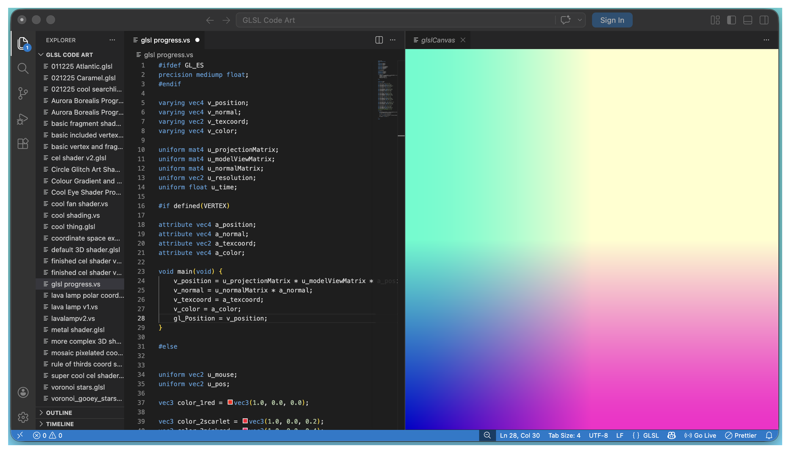 a screenshot of code next to a glslCanvas displaying a pastel rainbow of hues including bright pink, sky blue, cobalt blue, and faint lemon yellow. 