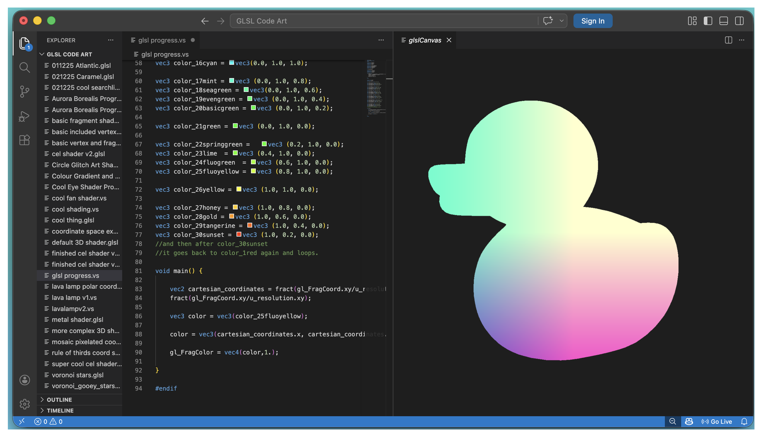 a screenshot of the glslCanvas changed to the rubber duck, now textured with the pastel rainbow in the last image; the 3D model is still without any visible depth to it due to a lack of light and shadow.