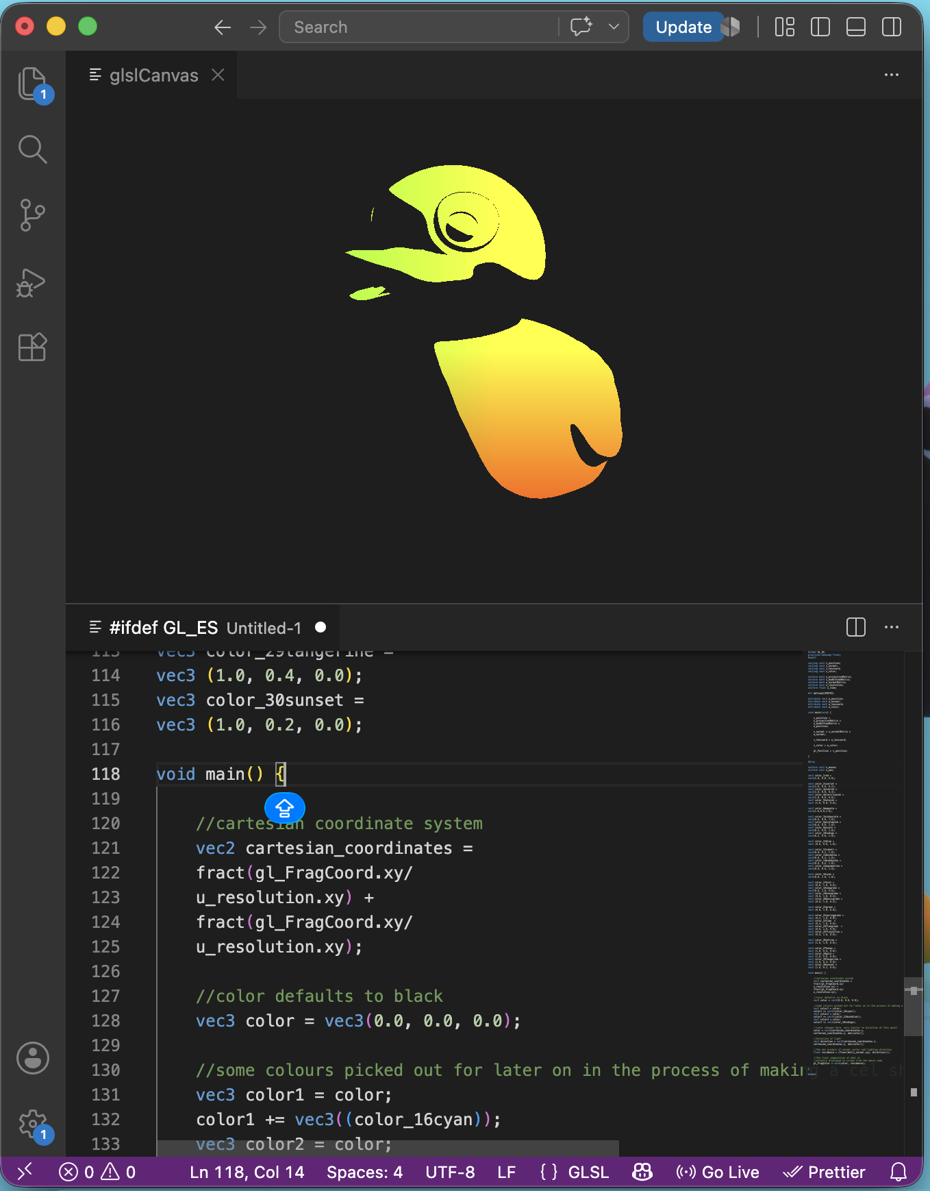 a screenshot of a laptop screen with code written in the computer programming language GLSL, used to make shader programs for use in video game production, next to a shader program showing light and shadow, displayed on a rotating rubber duck.