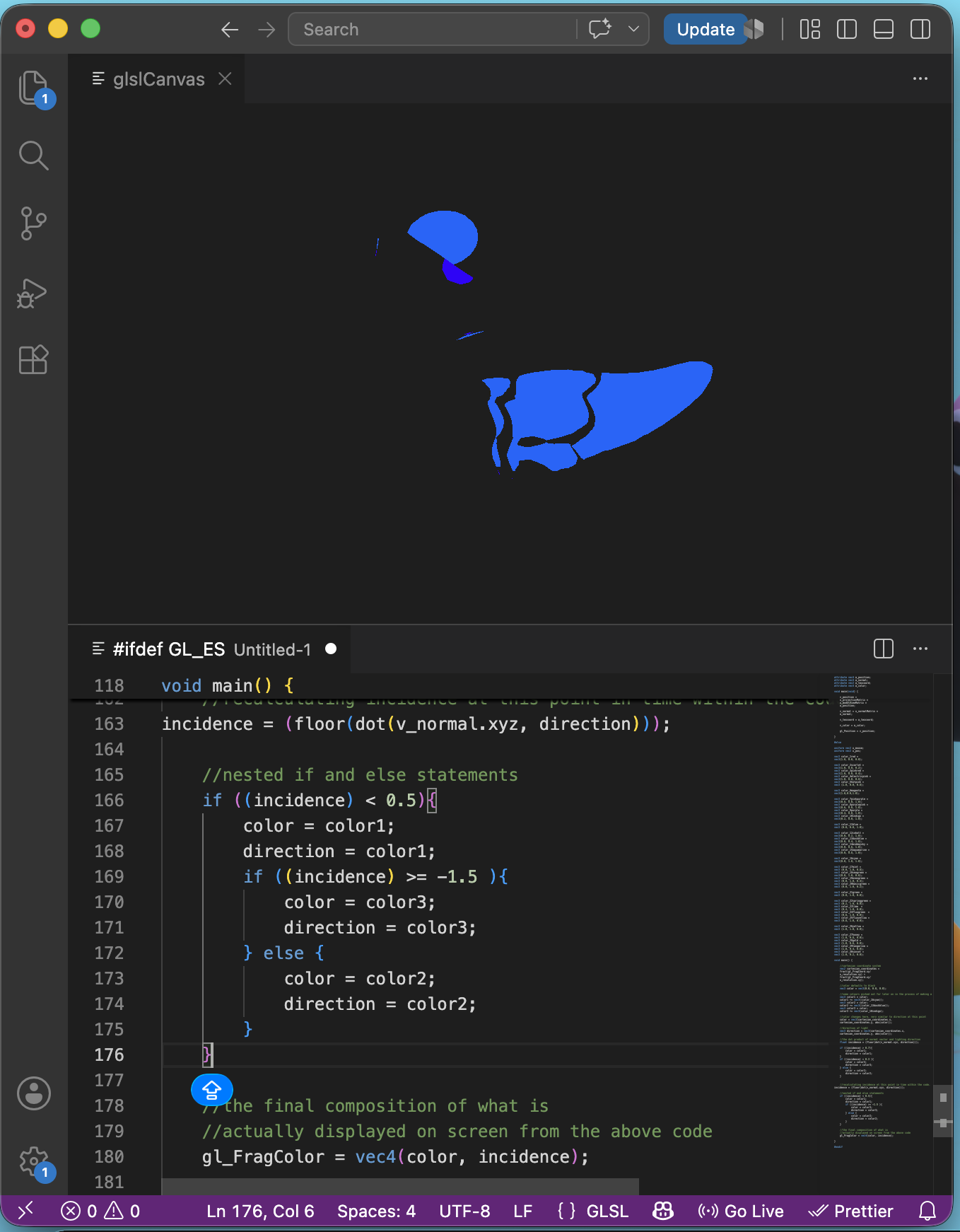 a screenshot of a laptop screen with code written in the computer programming language GLSL, used to make shader programs for use in video game production, next to a metallic looking shader material, displayed on a rotating rubber duck.