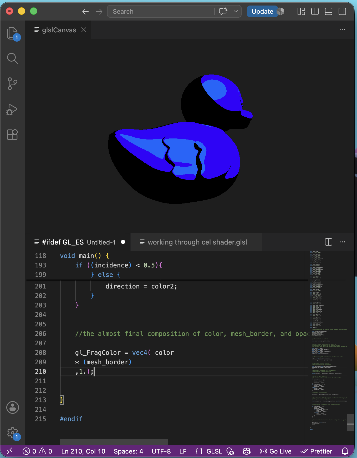 a screenshot of a laptop screen with code written in the computer programming language GLSL, used to make shader programs for use in video game production, next to a blue cel shaded material, displayed on a rotating rubber duck.