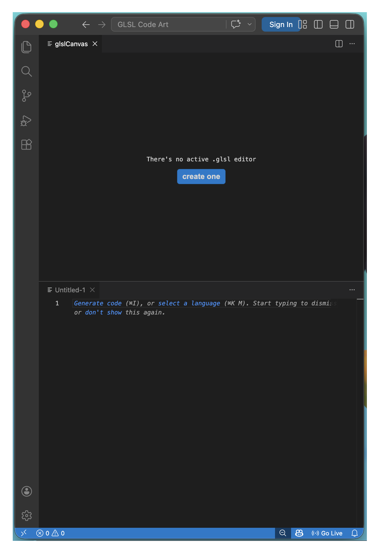 a screenshot of the Visual Studio Code, code editor without any code written in the text-file yet and a button in the middle of the screen that says, 'create one', which leads to a template of code that can be used as a base for creating complex 3D shaders.