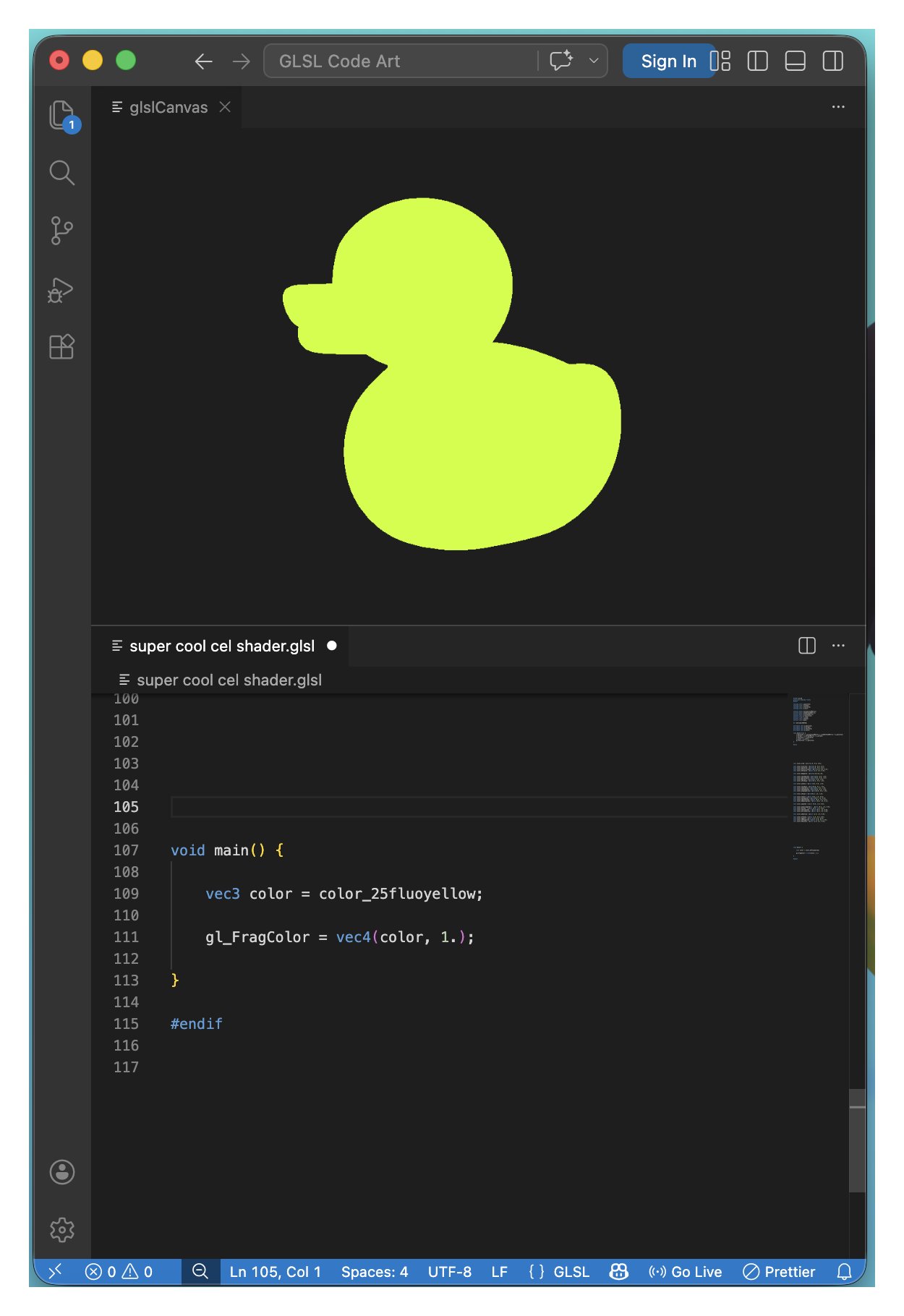 a screenshot of the rubber duck now coloured in a fluorescent yellow colour, currently without any light or shadow.