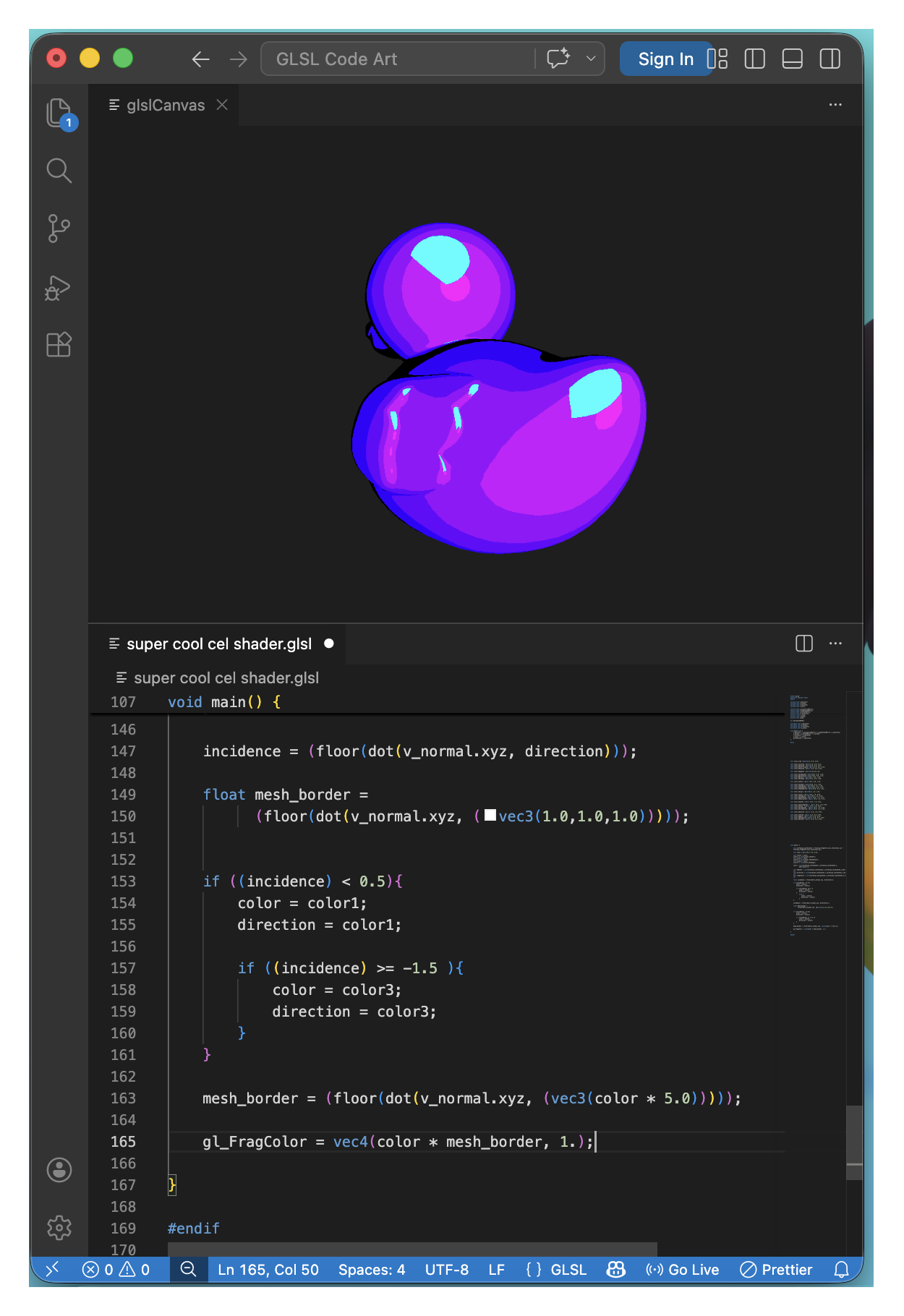 a screenshot of a laptop screen with code written in the computer programming language GLSL, used to make shader programs for use in video game production, next to a completed bright purple cel shader displayed on a rotating rubber duck.