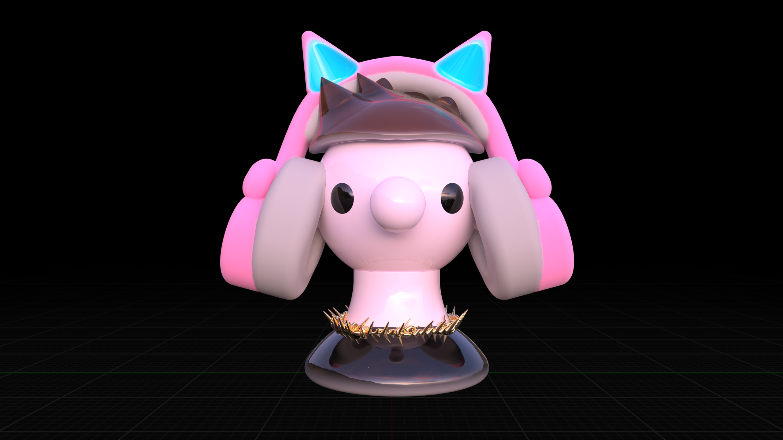 a digital 3D sculpture of an indie game developer caled Logan, wearing a black t-shirt, and huge pastel pink headphones decorated with pretend cat ears, with a black background.