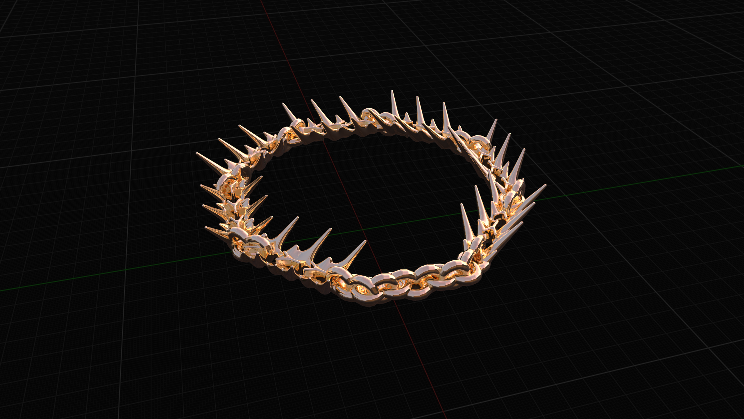 a 3D digital sculpture of a spiked gold necklace on a black background.