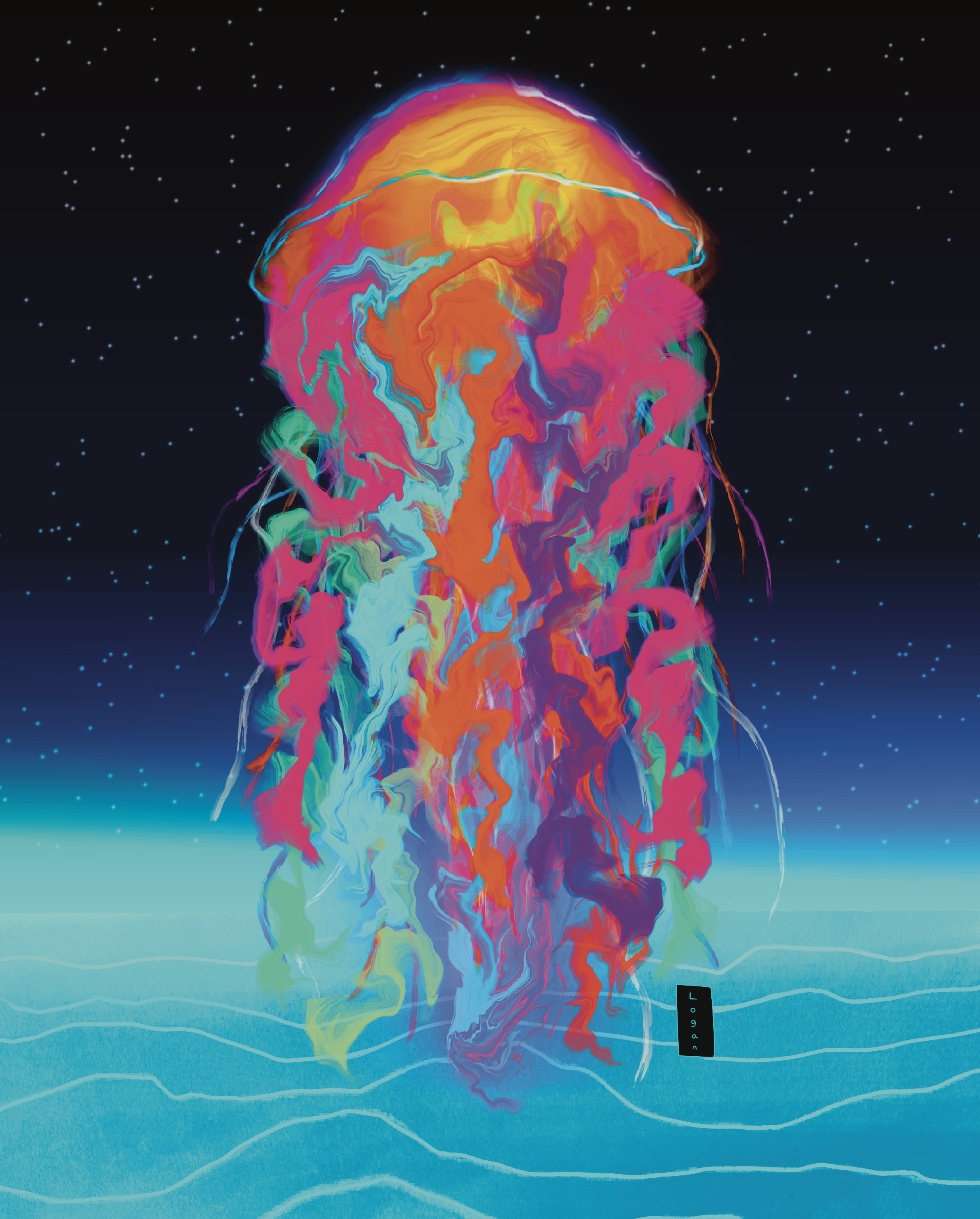 a digital illustration of a jellyfish with rainbow coloured tendrils, floating in the night sky.